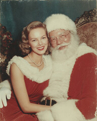 beautiful woman dressed as Mrs Claus posing with Santa in vintage color 50s film photo