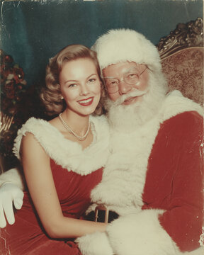beautiful woman dressed as Mrs Claus posing with Santa in vintage color 50s film photo