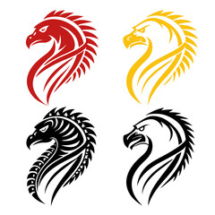 Fototapeta premium Four stylized eagle heads in red yellow and black falcon hawk