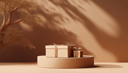 3d podium display brown background with tree shadow beige surprise open gift box luxury cosmetic product presentation abstract summer day 3d render mockup