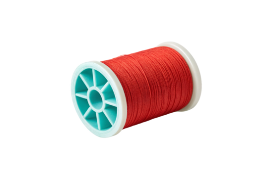 Red thread spool with turquoise plastic core displaying neatly wound crimson sewing thread, isolated on a transparent background