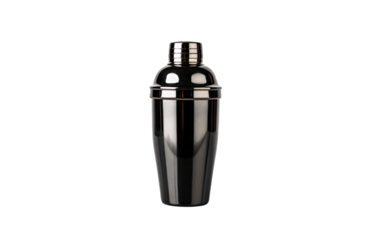 Black metallic cocktail shaker with chrome finish and traditional three-piece design for bartending, isolated on a transparent background