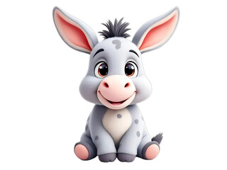 Cute cartoon baby donkey sitting and smiling isolated on transparent background
