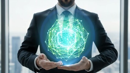 A businessman holds a glowing, interconnected network sphere, symbolizing the power of technology and global communication - Powered by Adobe