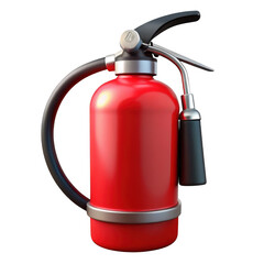 Red fire extinguisher with black hose and nozzle isolated on transparent background