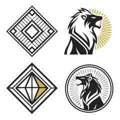 Geometric diamond and roaring lion emblems vector