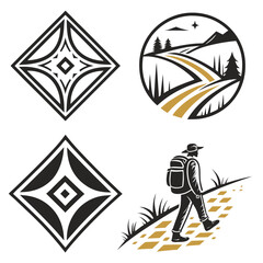 Geometric emblems and hiker walking on path symbol graphic