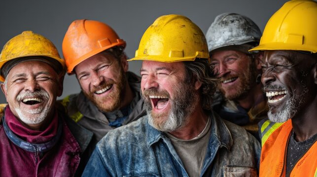 Authentic portrait of a diverse team of construction workers laughing and collaborating on site, wearing modern safety gear. Studio lighting quality, emotionally engaging, highly detailed. - Powered by Adobe