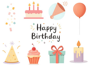 Cheerful birthday celebration icons: cake, presents, balloons, and confetti.