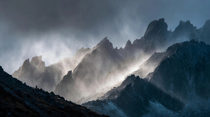 Swirling mist over jagged peaks, ethereal light