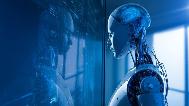 Robotic hand gripping AI chip with "AI" letters, floating code lines on light blue background, futuristic AI technology concept, robotic texture focus.