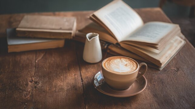 Cozy scene: Cup of latte with art, small milk jug, and open books on wooden table, capturing a relaxing reading and coffee-drinking moment.