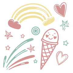 Happy ice cream cone rainbow hearts stars and confetti vector
