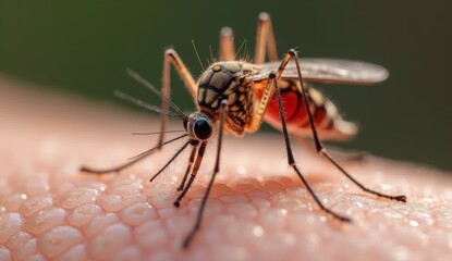 Extreme close-up of a mosquito biting human skin, showing detailed texture and anatomy. Perfect for medical, health, pest control, and biology-related projects