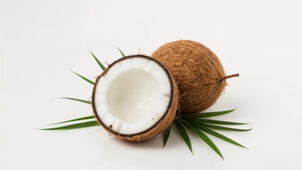 Green leaves and a halved coconut set on a plain white background