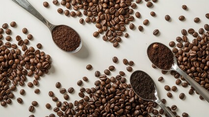 Spoons filled with ground coffee and coffee beans of multiple roast types on a light-colored surface