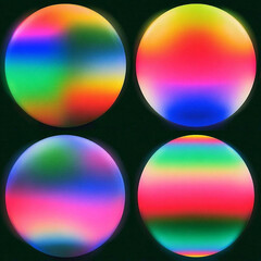 Digital illustration featuring four glowing, gradient-filled circles with neon colors—pink, blue,...