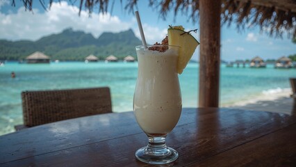 Tropical pina colada coconut milkshake served at a seaside bar with ocean backdrop
