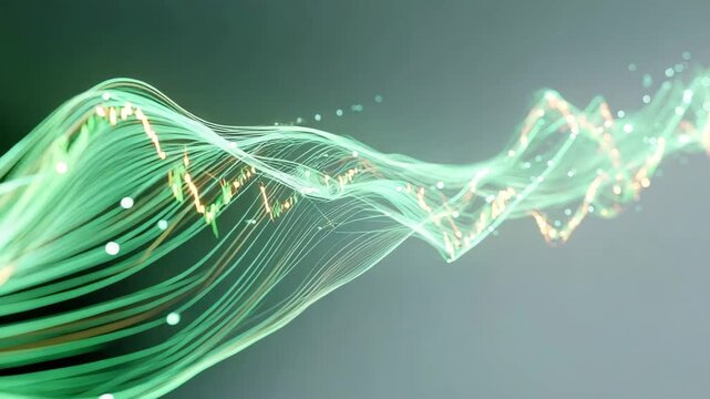 Long, curvy green line with many small dots scattered along it. flowing green energy line morphing into soaring stock candlesticks, soft neon glow, minimal background, sustainable energy stocks