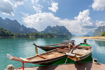 Traditional long-tail boats for tourist service at Khao Sok National Park, Surat Thani Province,...