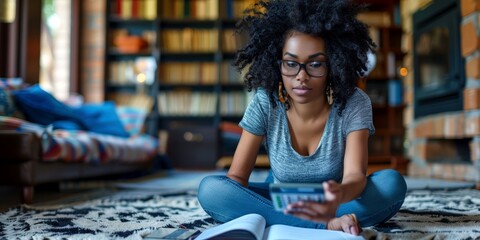 Fototapeta premium Woman Studying with Calculator and Books. This image features woman, black, afro, curly hair, and more, offering a clear depiction