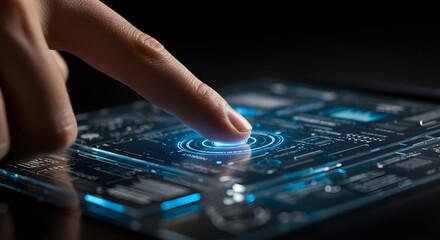 Fototapeta premium Futuristic finger touch on glowing digital interface. Technology, innovation, and human-machine interaction in a modern high-tech environment.