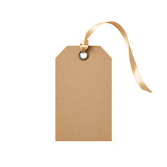 Blank kraft paper gift tag with satin ribbon isolated on transparent background