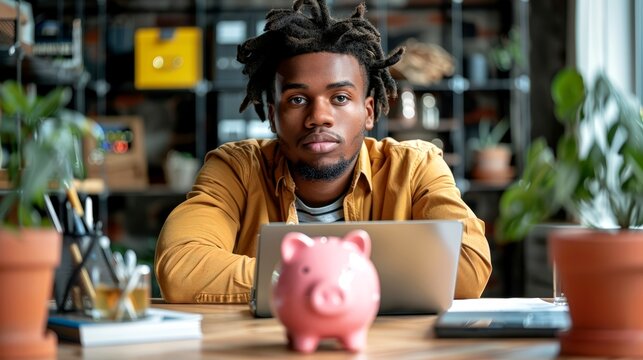 Young Black Man with Piggy Bank. This image features man, black, african, dreadlocks, and more, offering a clear depiction of - Powered by Adobe