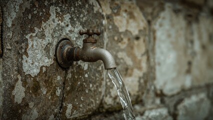 Macro image of liquid coming out of a wall-mounted outdoor faucet