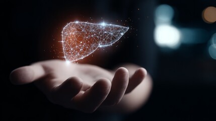 Hands holding a glowing, digital - styled liver icon with connecting dots, representing liver health and medical technology 