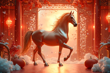 Horse in asian festive background. Greeting card. Horse - symbol of 2026 in new year decoration.