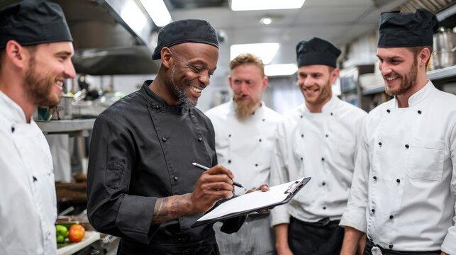 Chef instructing waitstaff with clipboard, professional and organized kitchen team