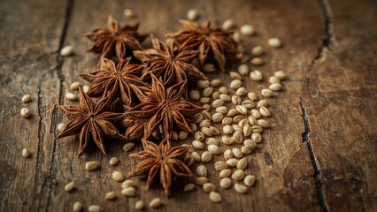 Detailed shot of aromatic star anise pods and seeds scattered on an old wooden table for cooking concept