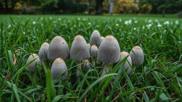 Zoomed-in image of coprinus mushrooms situated in open grassland