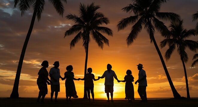 Silhouette of a Multigenerational Family Holding Hands at Sunset on a Tropical Beach with Palm Trees