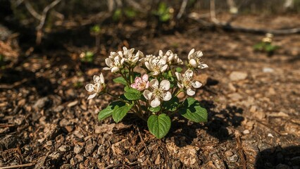 Springtime close-up of wild blackberry flowers by a hiking route