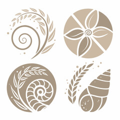 Nature inspired circular emblems with floral and shell motifs vector