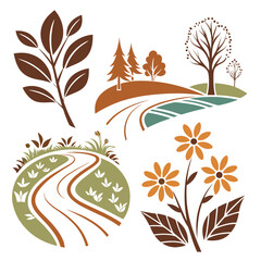Nature inspired icons with trees flowers and leaves landscape