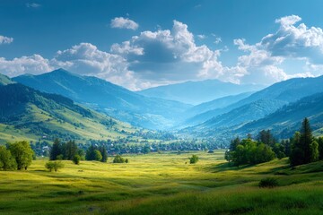 Obraz premium A bright lush valley nestled among rolling hills under a partly cloudy sky