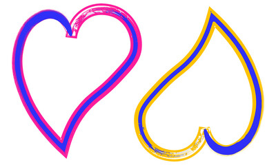 Two abstract blue hearts with textured brush strokes on pink and yellow backgrounds
