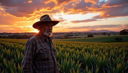 Rugged Farmer Embracing Sunset Over Rolling