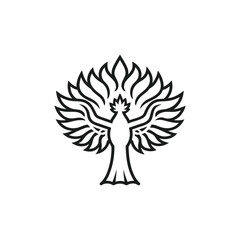 Stylized black phoenix bird with outstretched wings and tail feathers isolated on white background