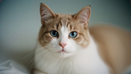 Obraz premium Close portrayal of a blue-eyed feline relaxing on bedding