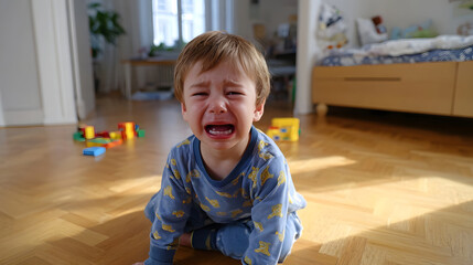 Distressed young child crying on the floor
