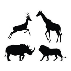 African wildlife animals giraffe rhinoceros lion antelope silhouette vector.