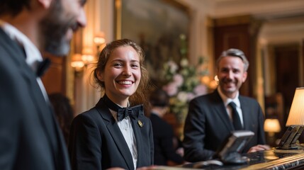 Smiling Service: Three staff members, dressed in elegant attire, warmly greet guests, embodying professionalism and attentiveness, creating a welcoming atmosphere.