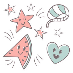 Playful pastel icons with smiling watermelon star and heart vector icons pastel colors