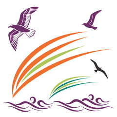 Purple and orange birds soaring over stylized waves and arcs flying seagull