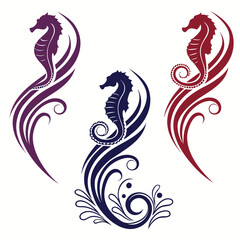 Purple blue and red seahorse tribal designs tattoo illustration
