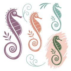 Purple orange green seahorses with floral swirls marine life ocean